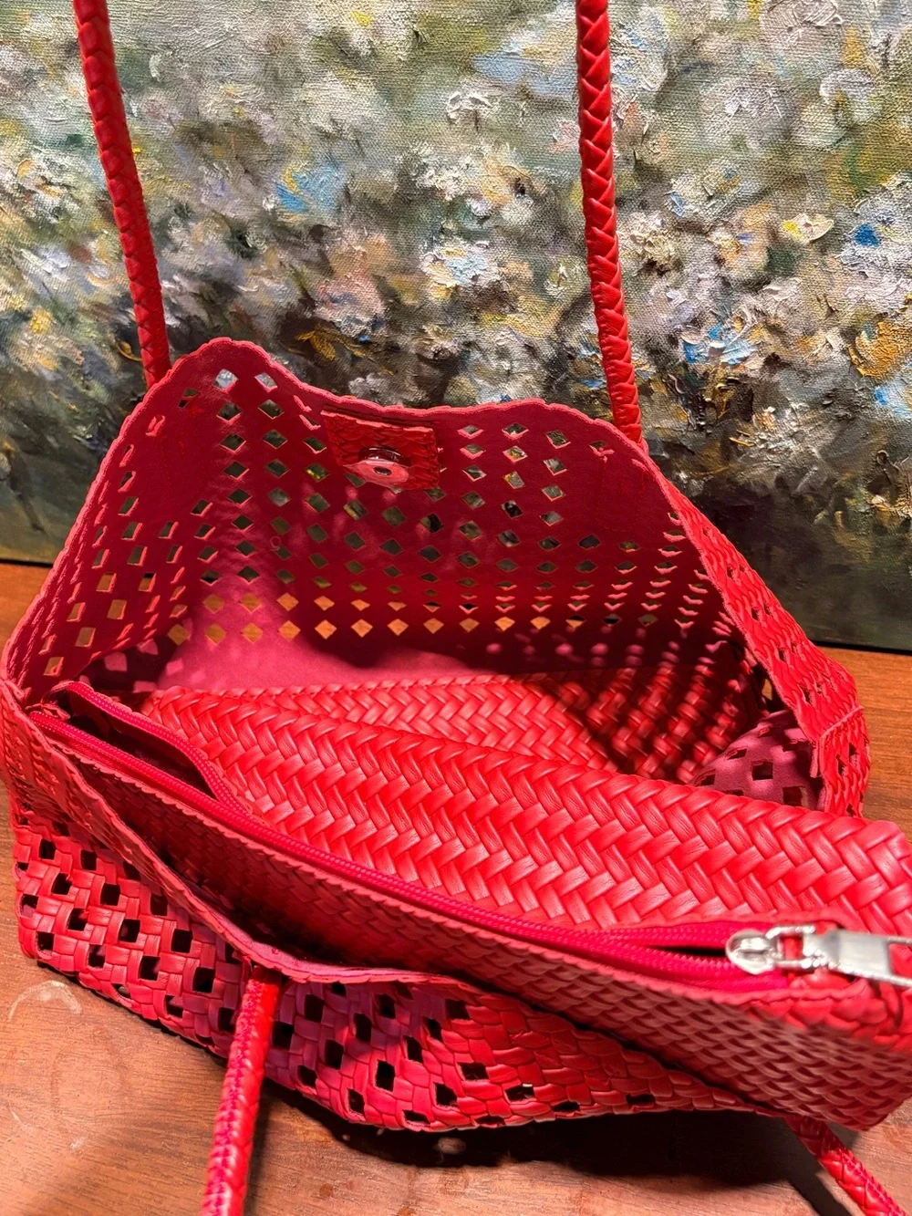 Red Woven Tote Bag - Women's Shoulder Bag